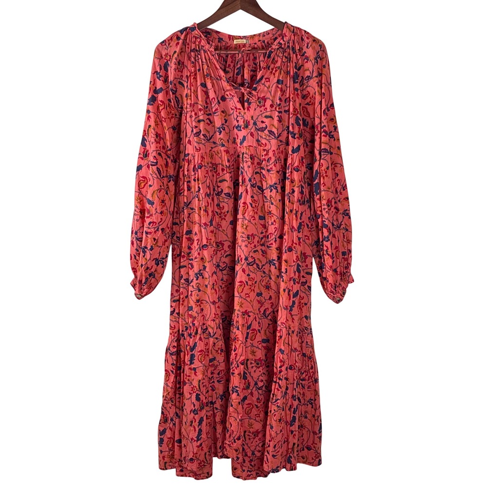 Matta Dress Tiered Midi Maxi Long Sleeve Floral Large Pink Cotton Boho Large
